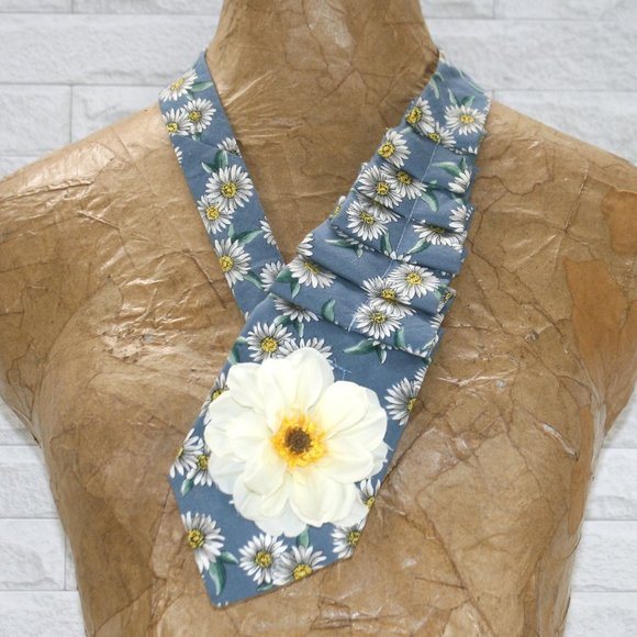 Hand Crafted Accessories - HAND CRAFTED Scarf Necklace Wrap Accessory Upcycled Necktie Blue Daisy Floral